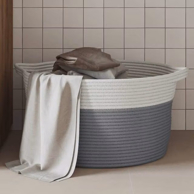 Berkfield Grey and White Open Weave Cotton Storage Basket with Handles, W: 40 cm, D: 25 cm, H: 25 cm – 1