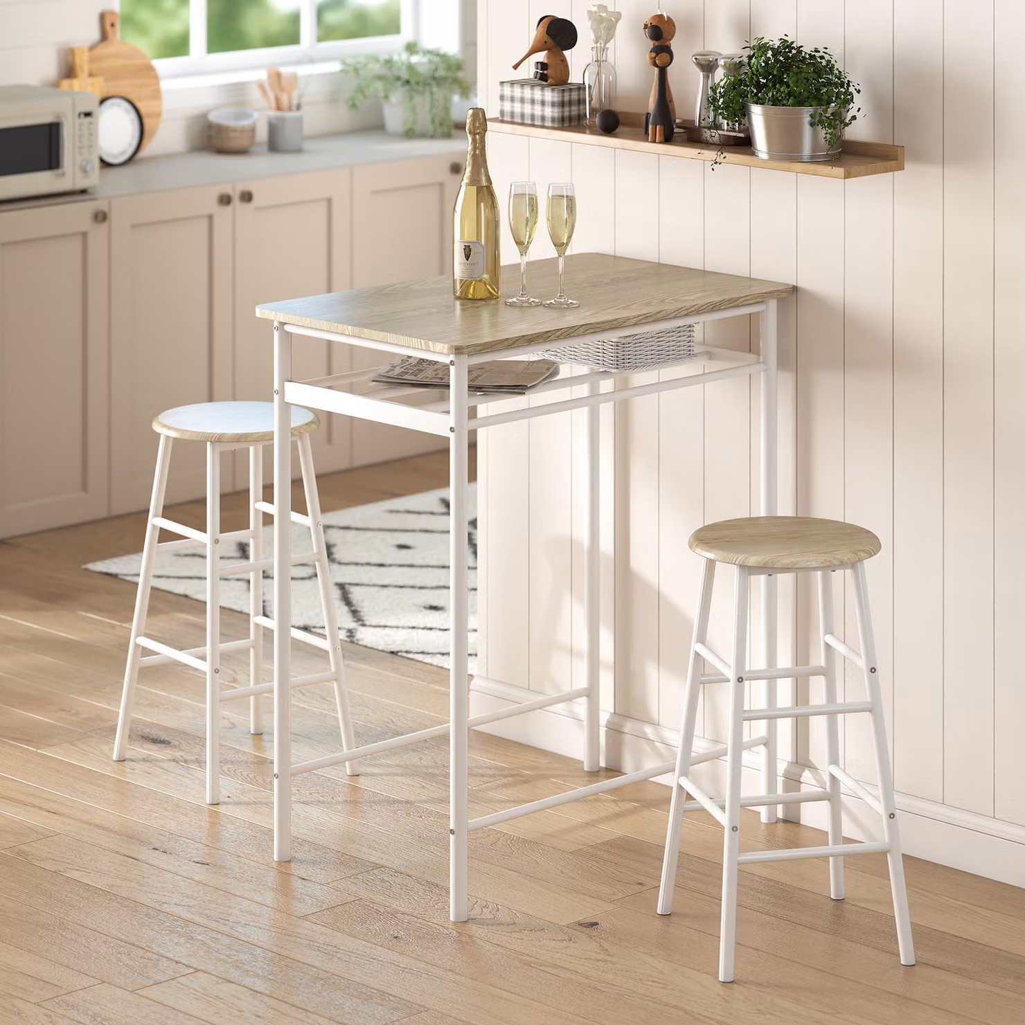 HOMCOM Bar Table and Stools Set with Metal Frame, Footrest and Storage Shelf in White and Oak – 2