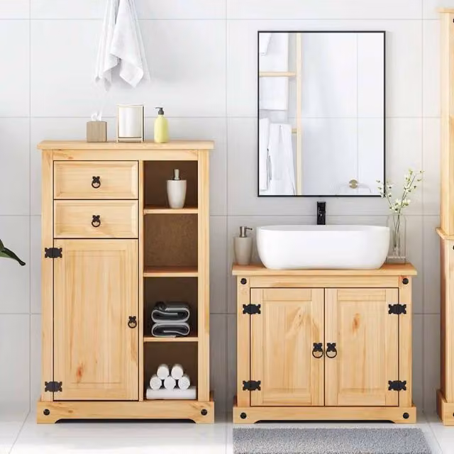 Berkfield Home Corona 2 Piece Bathroom Furniture Set in Beige Waxed Solid Pine featuring a Vanity Unit and Tall Cabinet