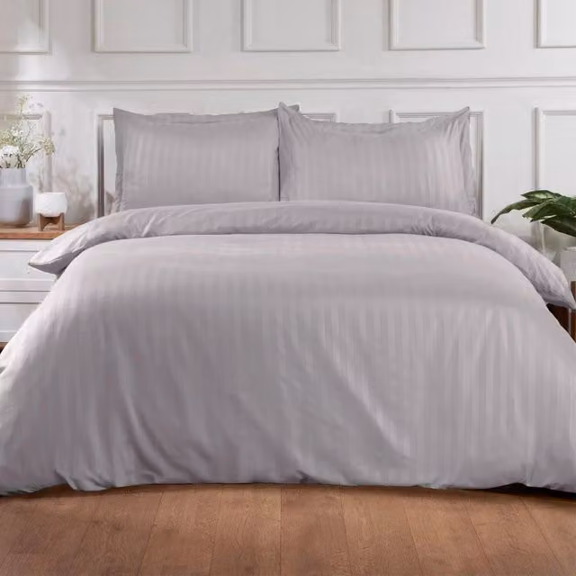 Brentfords Silver Satin Stripe Microfibre Duvet Cover and Pillowcase Set, W: 140 cm, L: 200 cm