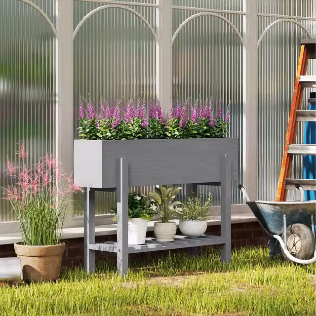 Outsunny Grey Wooden Raised Planter with Bed Liner and Storage Shelf