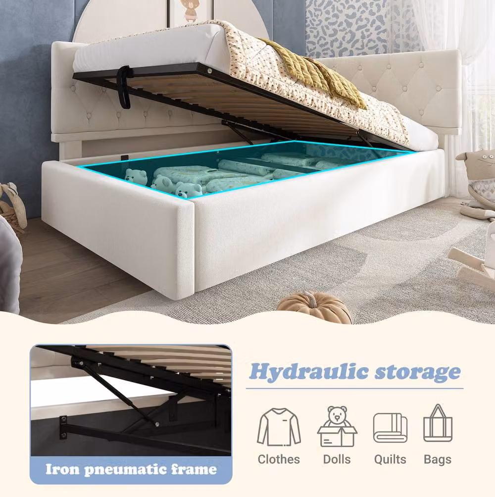 STILVORA Single Upholstered Bed with Lift-Up Storage in Beige, W/D/H: 90 x 190 cm – 4