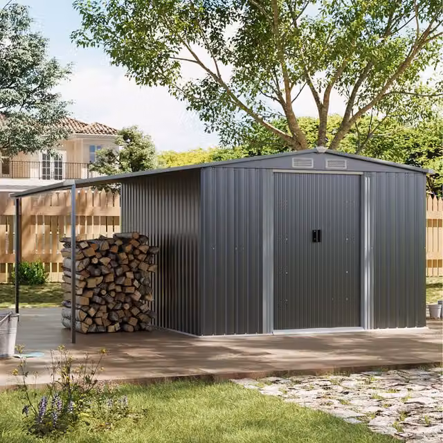 Livingandhome Modern Open Gable Roof Tool Shed with Log Storage in Matt Anthracite Grey Galvanised Steel
