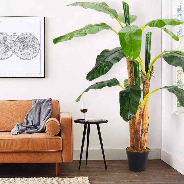 Livingandhome Realistic Artificial Banana Tree with 3 Trunks in a Black Planter, Green