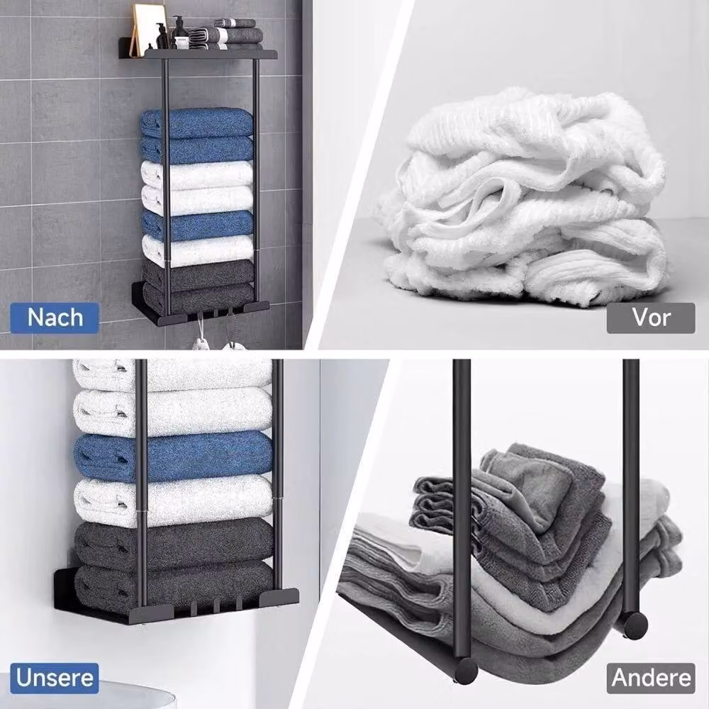 EONLION Black Metal Adjustable Tension Rod Towel Holder and Bathroom Storage Rack – 3