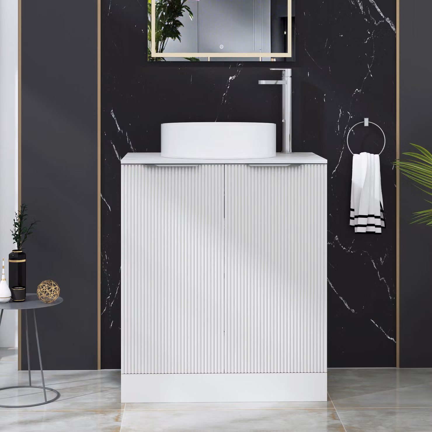 Royal Bathrooms Evora Matt White Fluted Floor Standing 2 Door Vanity Unit with Art Deco Stone Basin W: 70 cm