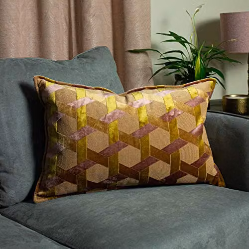 Paoletti Delano Geometric Velvet Cushion in Yellow and Pink, W: 60 cm, H: 40 cm, D: 40 cm – 3