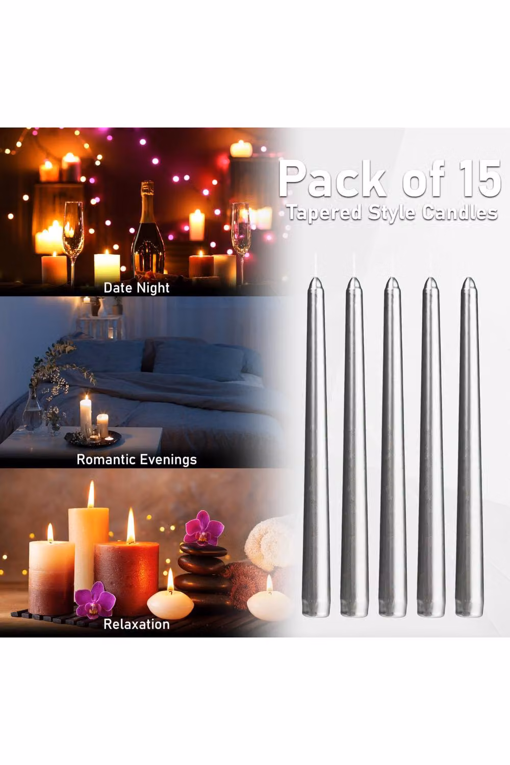 Deco Express Classic Dripless Tapered Unscented Metallic Candles in Silver, 15 Pack – 5