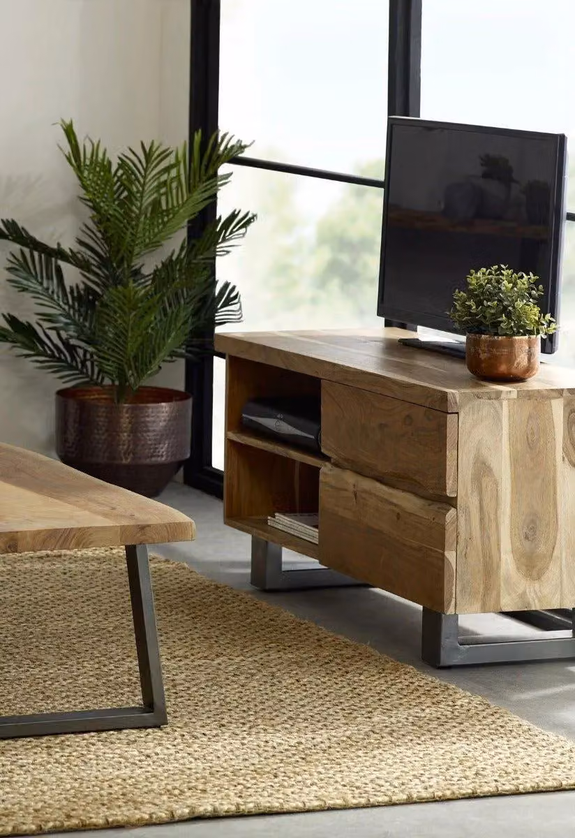 IH Design Wollaston Natural Essential Live Edge Small TV Unit in Brown Acacia Wood and Metal – 2