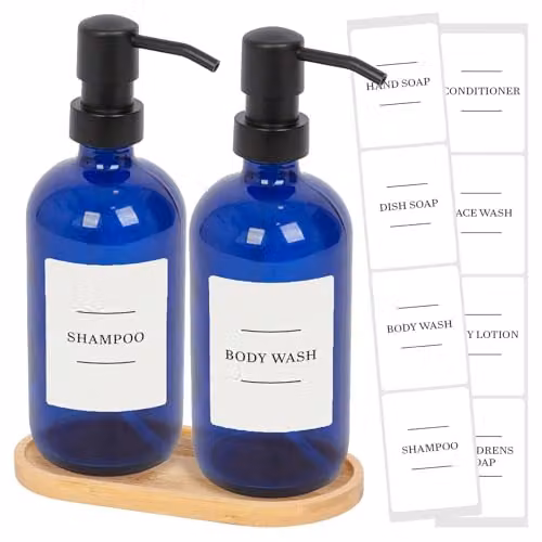 Harbour Housewares 2 Piece Blue Glass Soap Dispenser Set with Bamboo Tray and Labels, 500ml Refillable Bottles with Black Pumps – 1