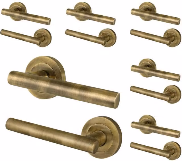 AFIT Antique Brass T-Bar Internal Lever Door Handles with Round Rose in Gold, 6 Pairs – 1