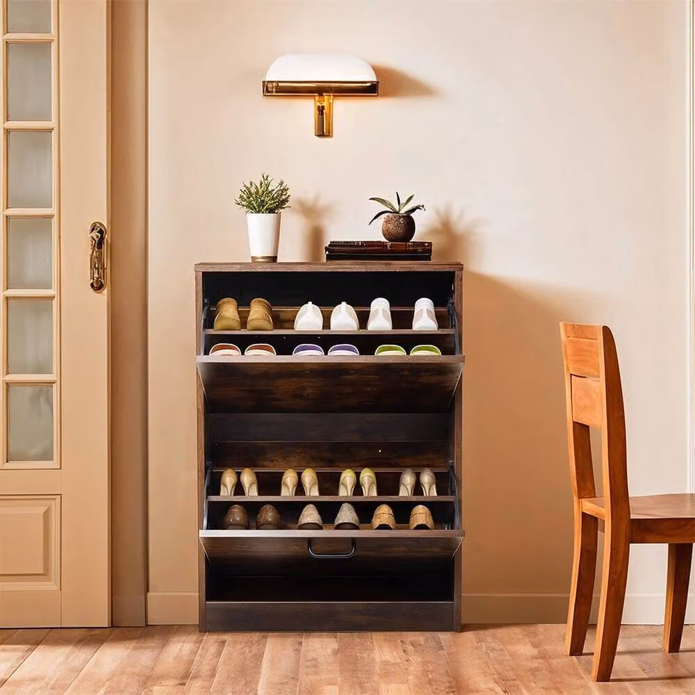PAWNORA Brown Wooden Shoe Storage Cabinet with Tilting Compartments and Internal Shelves – 5