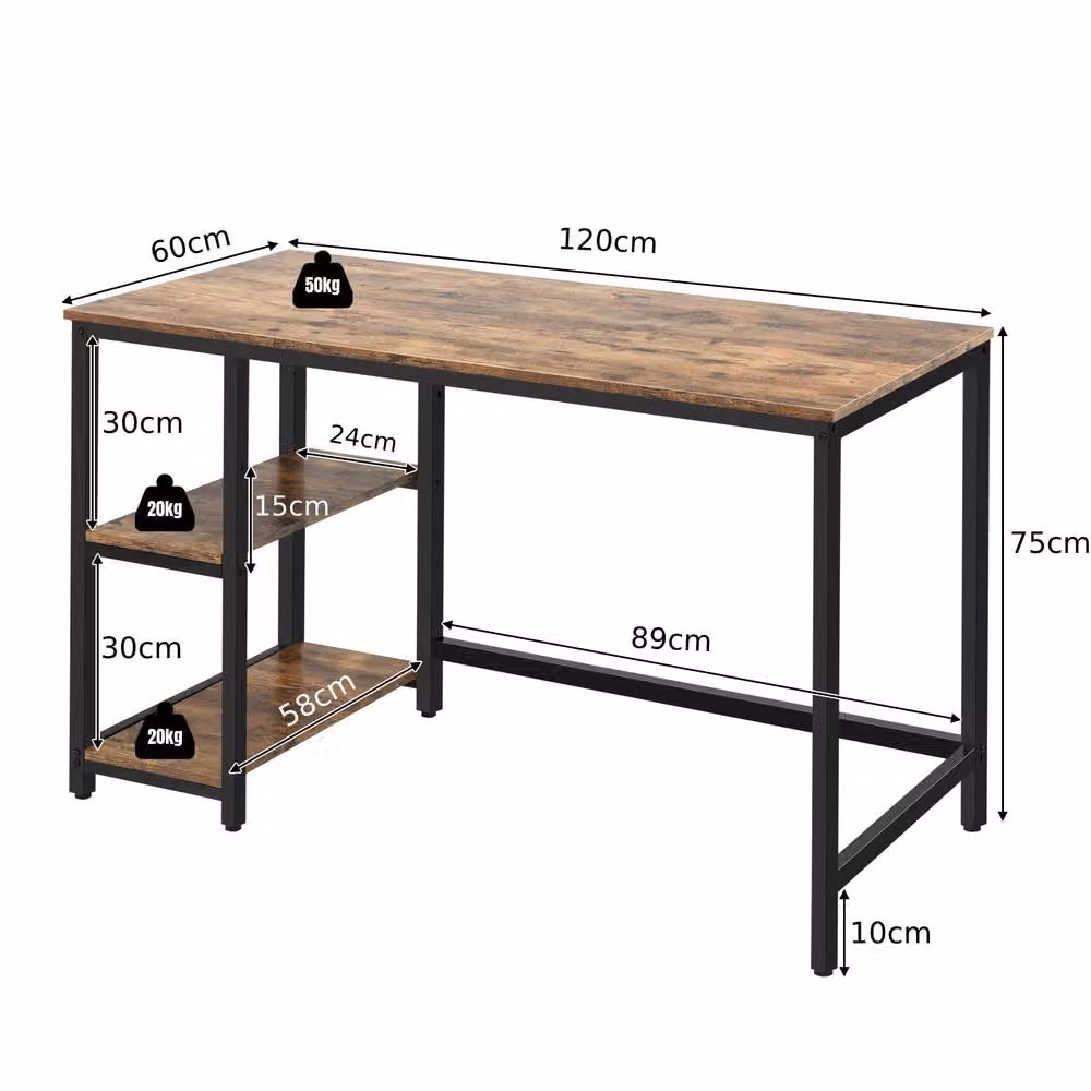 Costway Industrial Computer Desk with Storage Shelves in Brown, W: 120 cm, D: 60 cm – 2