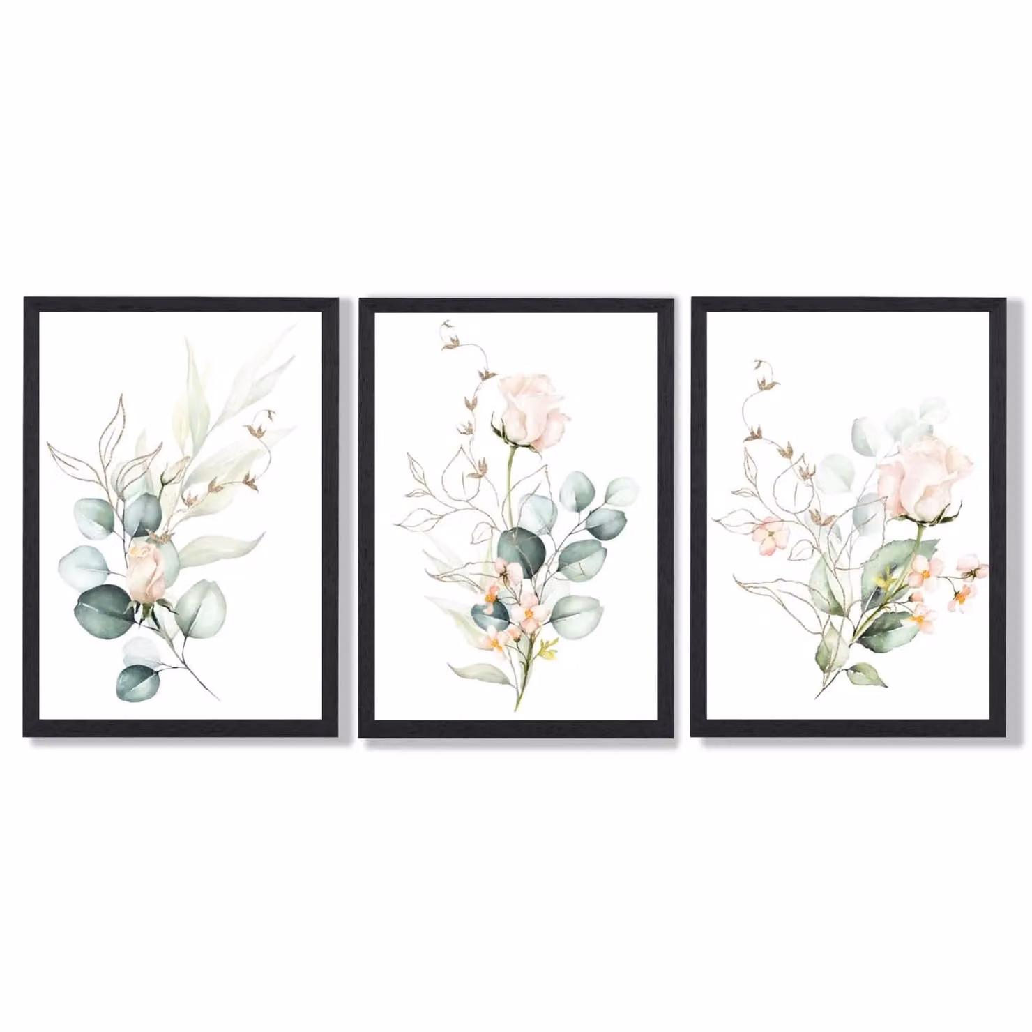 ARTZE Pink Floral Roses Set of 3 Botanical Wall Art Prints with Black Frame – 2
