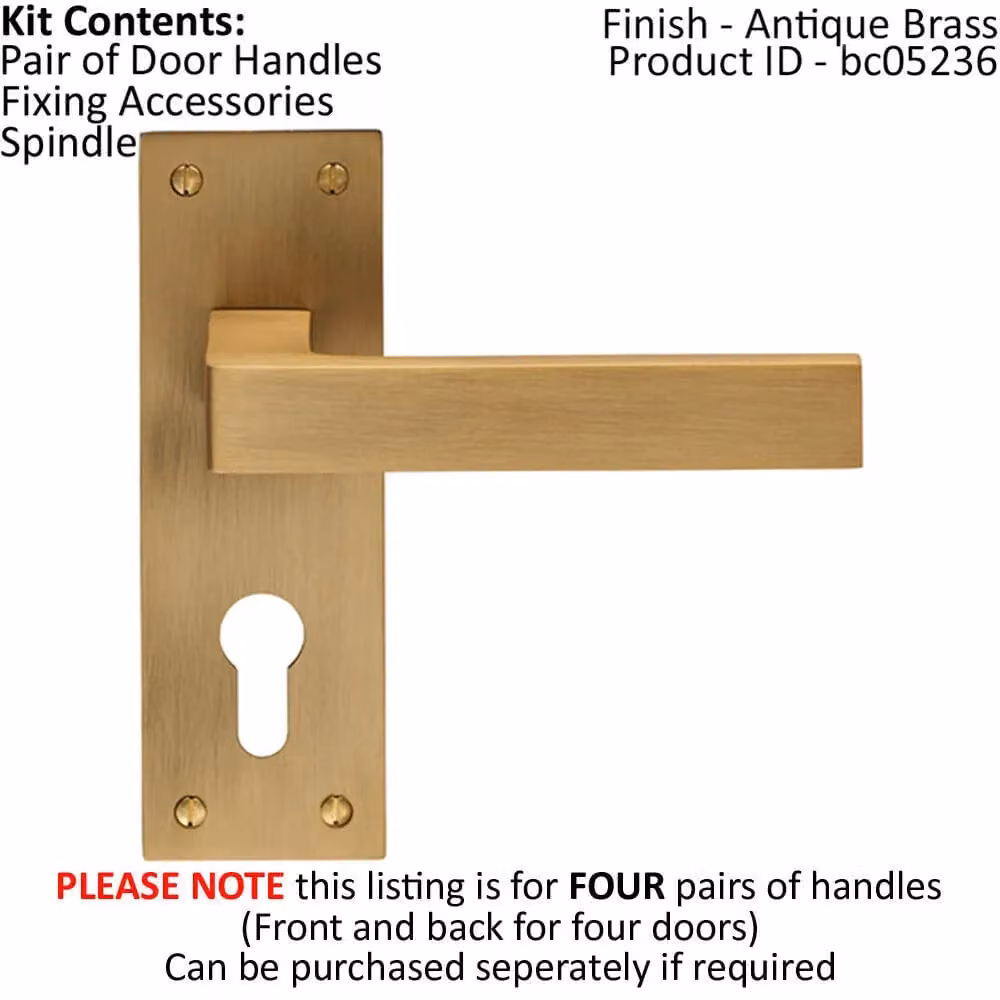 Loops 4 Pair Straight Square Handle on Euro Lock Backplate, Antique Brass, 150 x 50 mm – 2