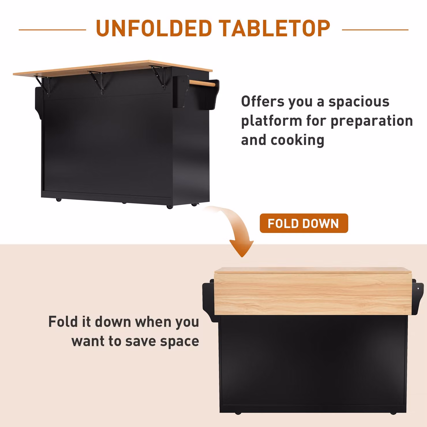Aosom UK Contemporary Kitchen Storage Trolley with Foldable Dropleaf and Towel Holders, Black and Natural, W: 71 cm, D: 71 cm, H: 91.5 cm – 5