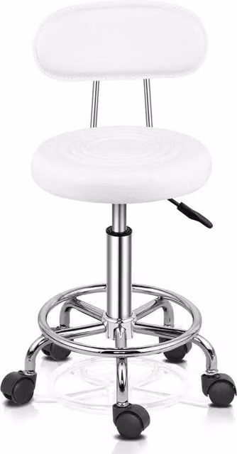 FORGEVIO Round Salon Stool, White PU Leather Massage Chair with Adjustable Backrest
