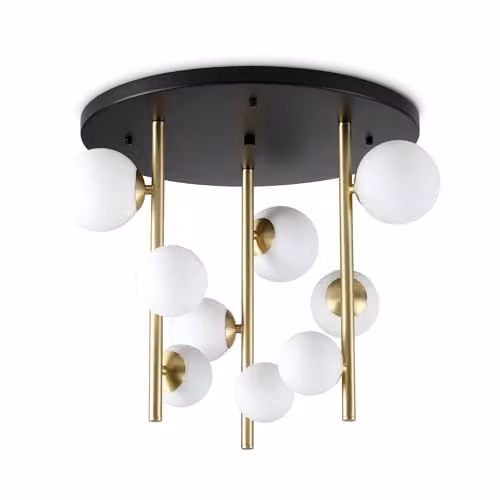 Ideal Lux Perlage 9 Light Globe Ceiling Light in Brass with White Glass Shades