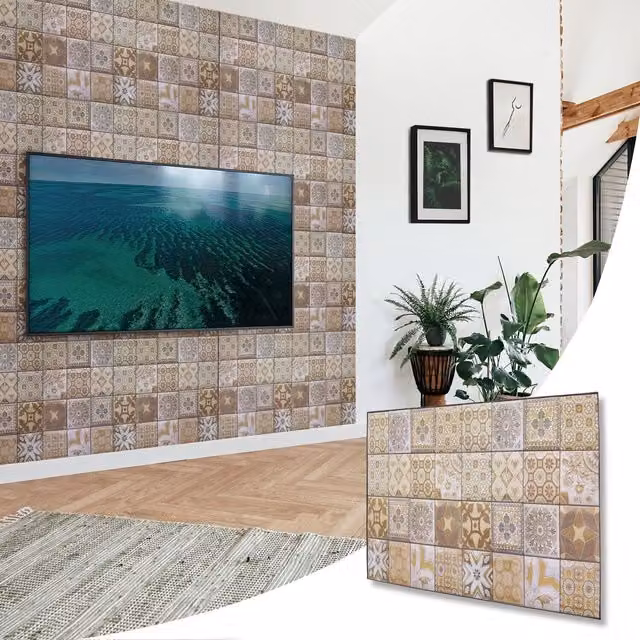 NOVECRAFTO Mediterranean Pattern 3D PVC Wall Cladding Panels in Brown and Beige, W: 96 cm, H: 48 cm