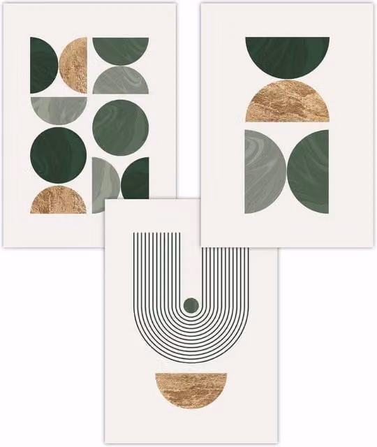 ARTZE Set of 3 Mid Century Geometric Abstract Art Posters in Green and Gold, W: 59 cm, H: 84 cm