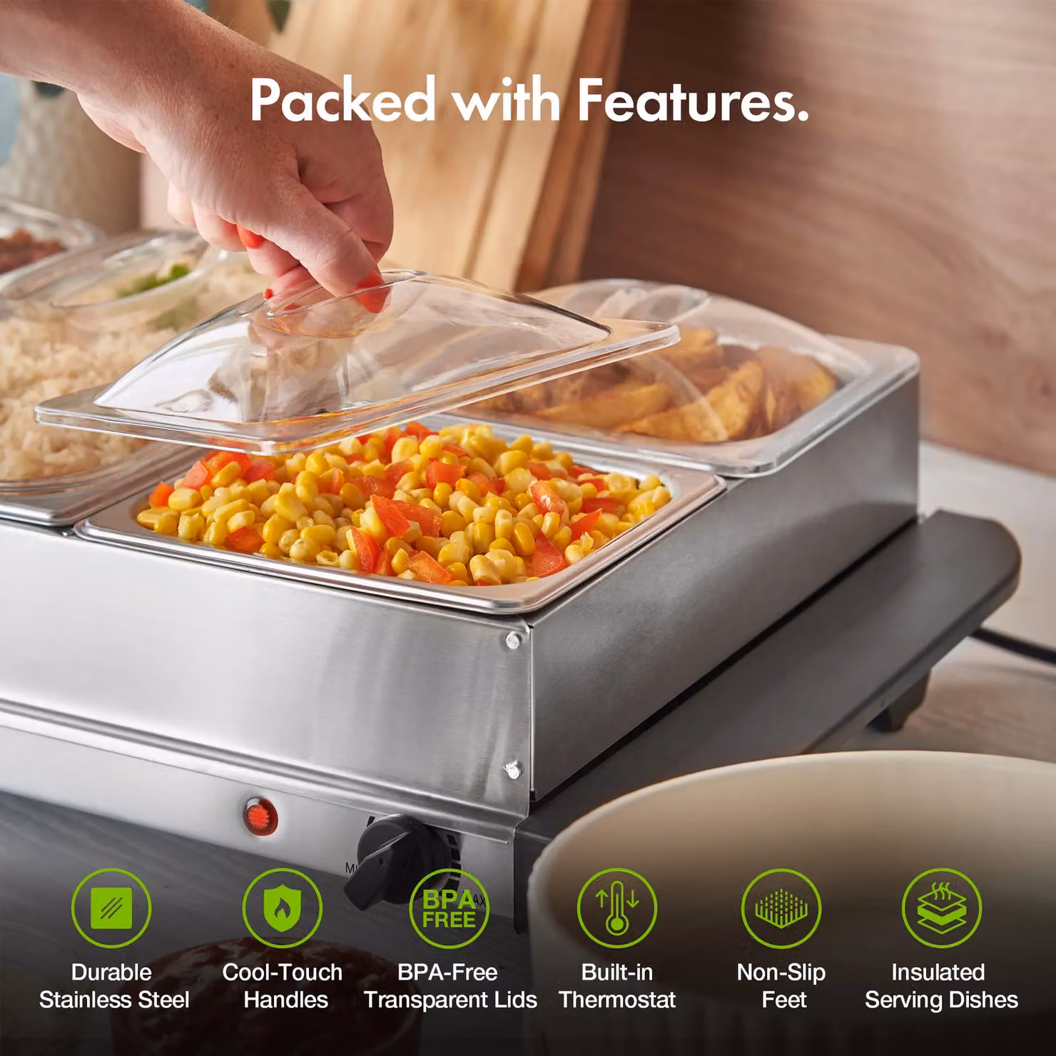 VonShef 300W Electric 4 Tray Table Top Buffet Food Warmer with Analog Display in Metallic Silver – 3