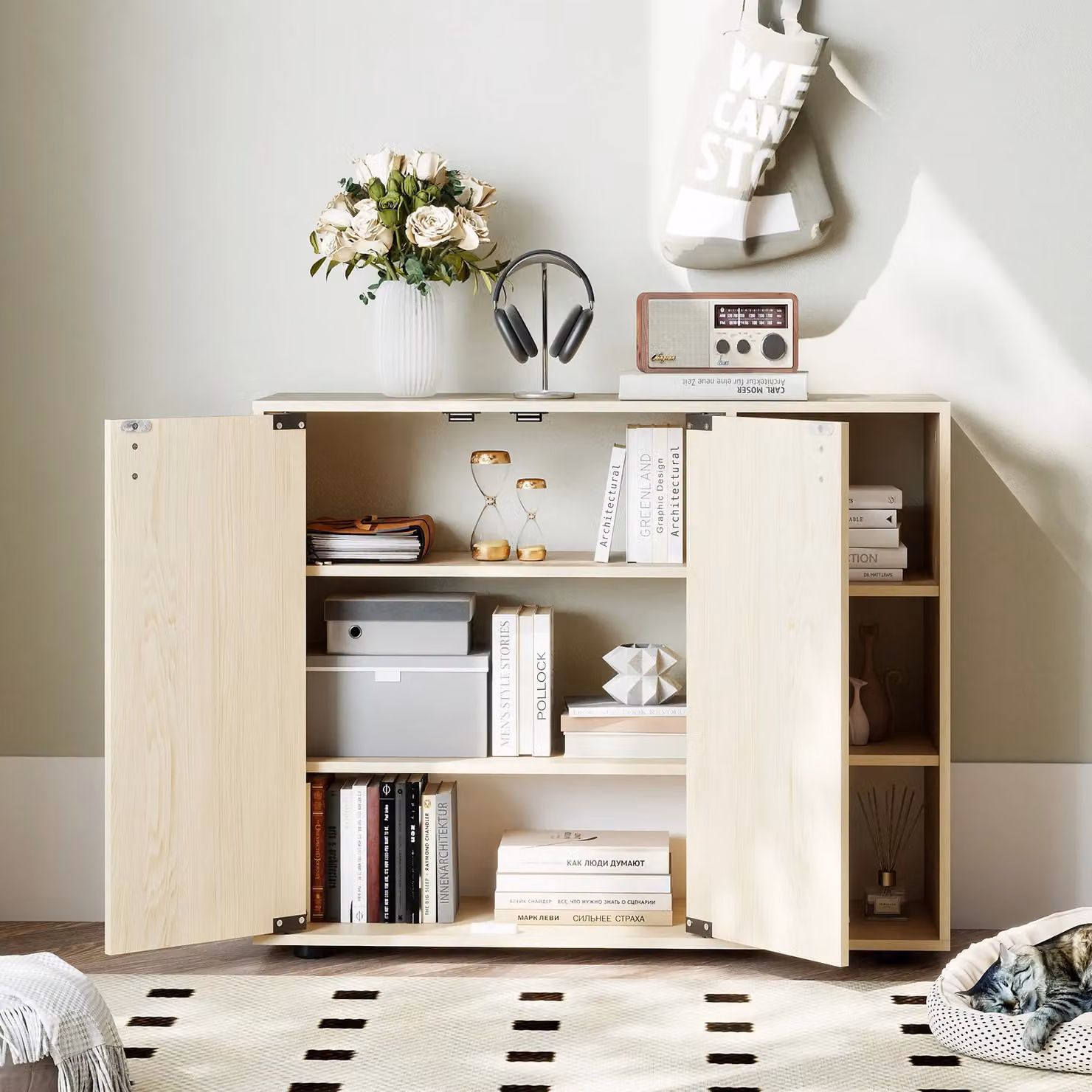 Costway 3-Tier Wood Shoe Storage Cabinet with Hinged Doors in Beige – 5