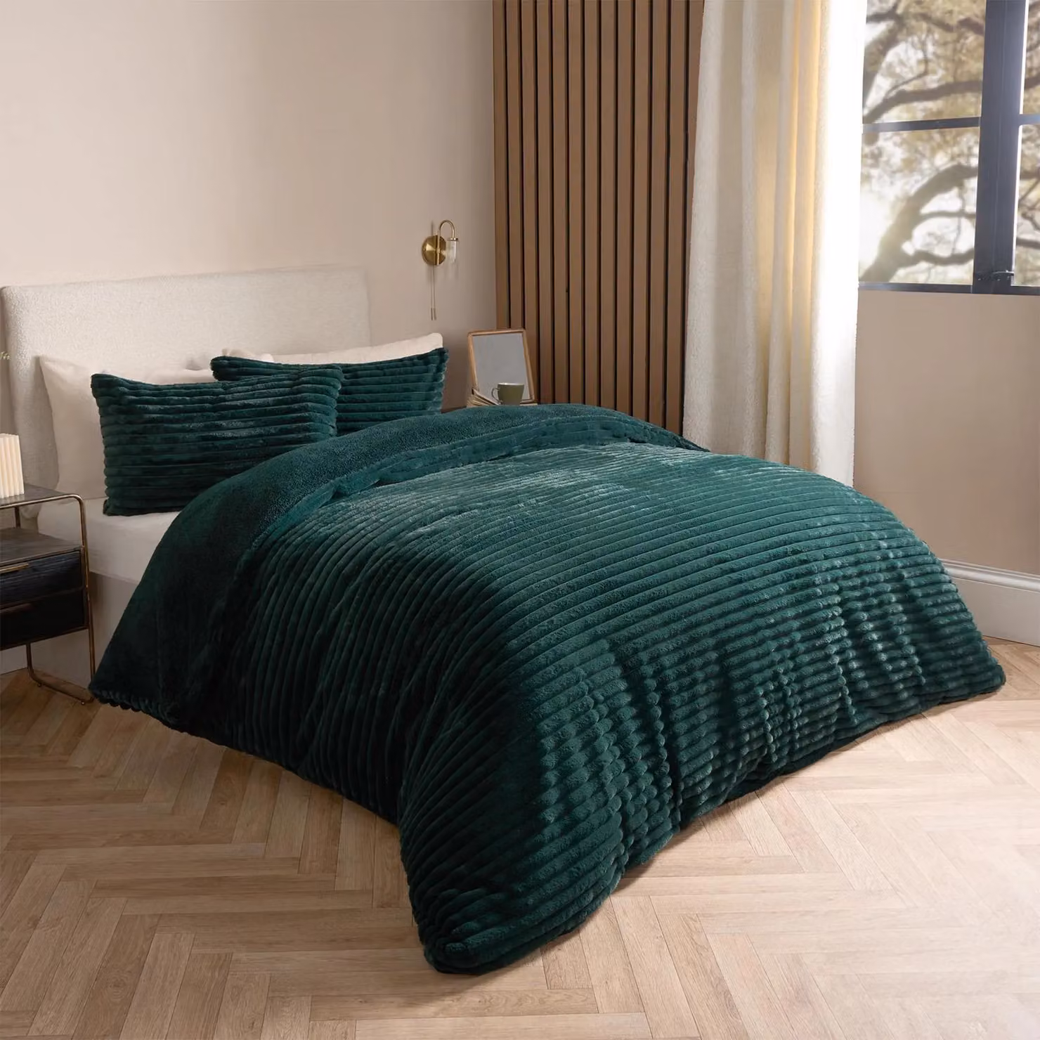 OHS Ribbed Faux Fur Duvet Cover and Bedding Set in Green, W: 140 cm, H: 200 cm – 2