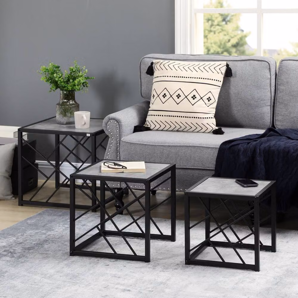 ERGOVEXA Set of 3 Nesting Square Coffee Tables in Grey and Black with Industrial Metal and Wood Design – 3