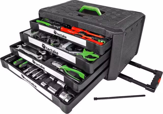 tectake Rollable Tool Box with 4 Drawers, 899 Pieces, Black