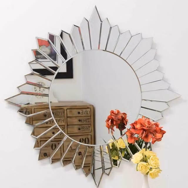 MirrorOutlet Sunburst Modern Round Glass Wall Mirror, Silver, W/D/H: 80 x 80 x 1 cm