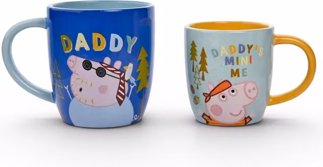 Widdop Gifts Peppa Pig Daddy and Mini Me Ceramic Mug Gift Set in Blue and Orange