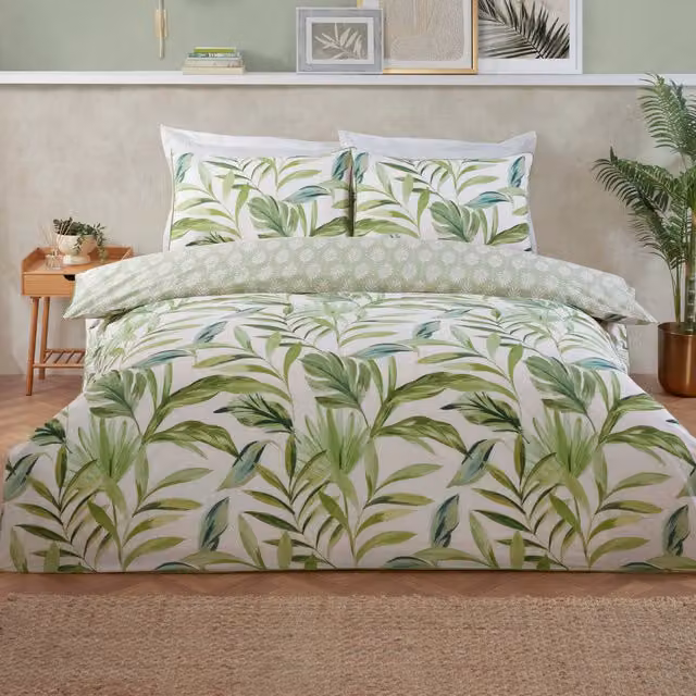 Divante Palma Leaf Reversible Floral Duvet Set, Green, Single