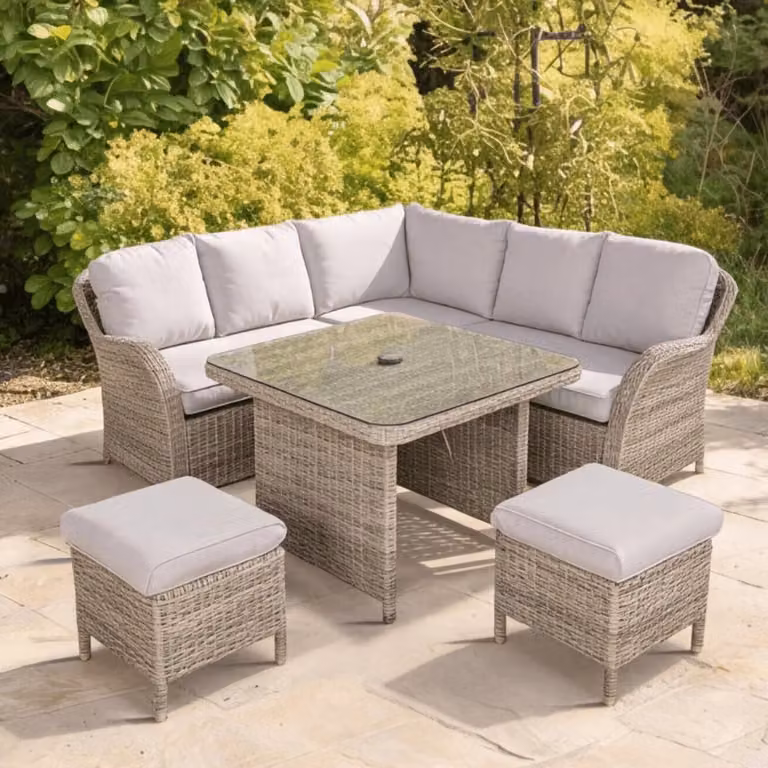 Leisure Grow Matilda Compact Corner Lounge Dining Set in Beige and Grey Polyrattan with Glass Top