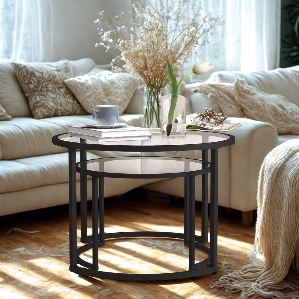 FURNOS Set of 2 Round Black Nesting Tables with Tempered Glass Tops – 5
