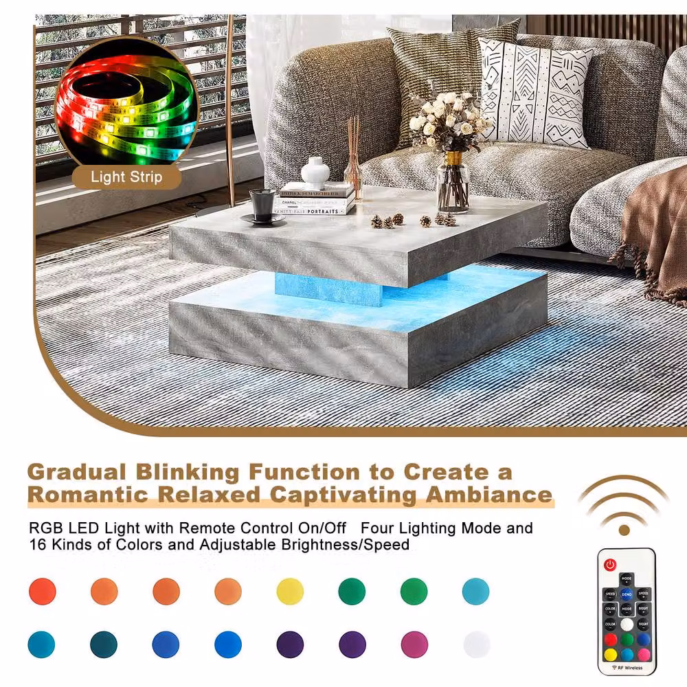 KEEPREAPER Modern Grey Square Coffee Table with Storage and LED Light, W/D/H: 78 x 78 x 40 cm – 2