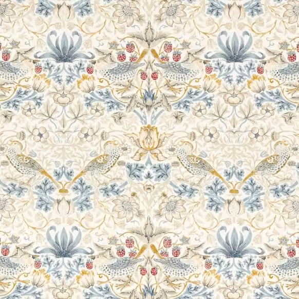 William Morris Strawberry Thief Floral Cotton Linen Fabric in Multicolour Blue