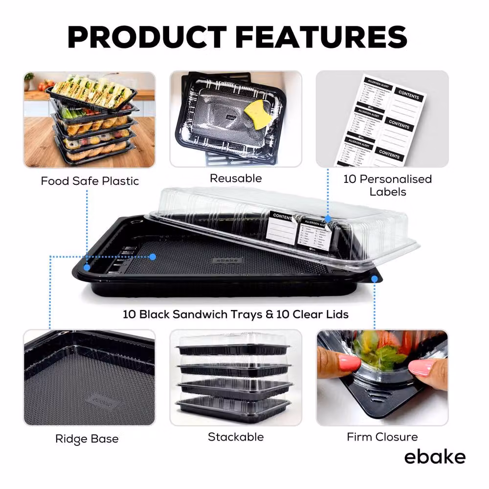 ebake 10 Pack Black Rectangular Plastic Serving Platter Trays with Transparent Lids – 3