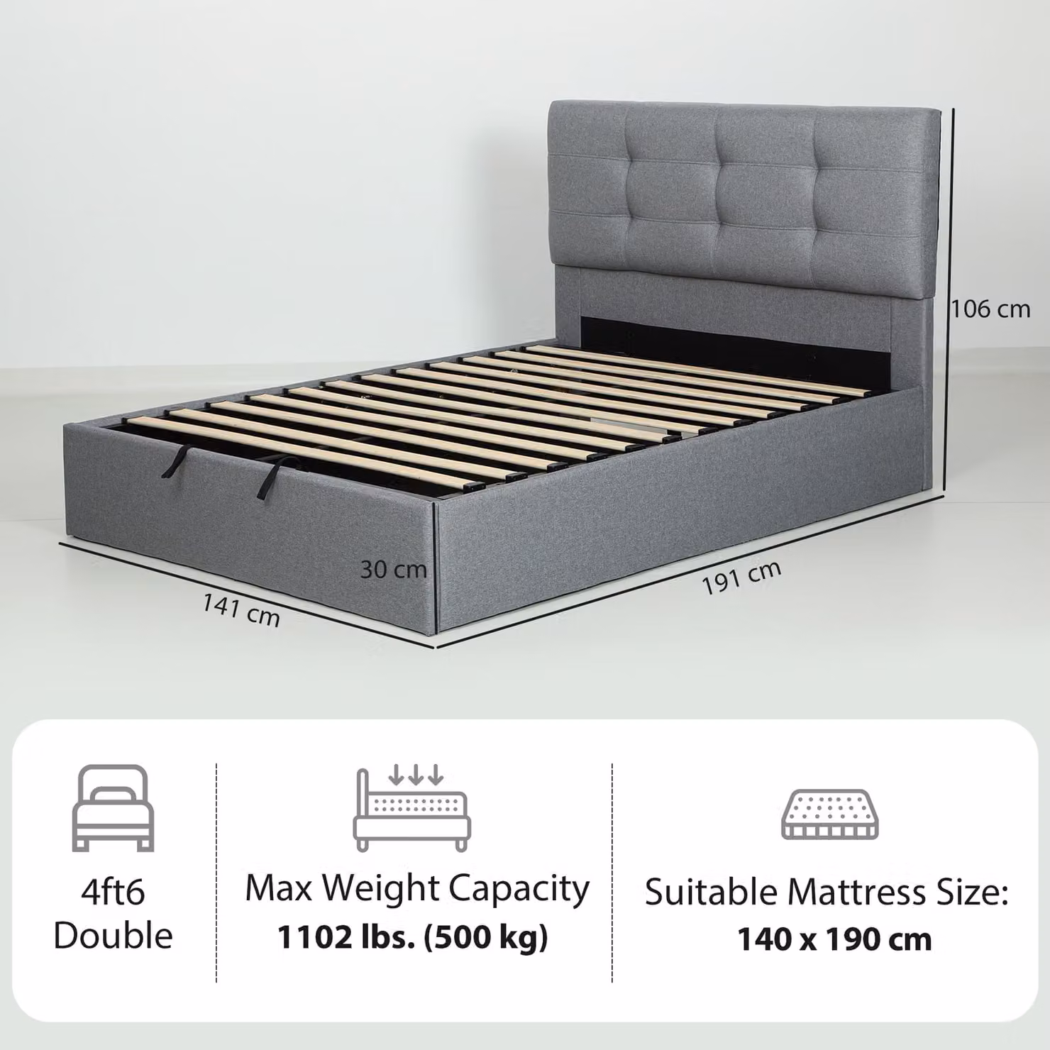 HOMCOM Grey Double Ottoman Bed with Gas Lift Storage, 140 x 200 cm – 3