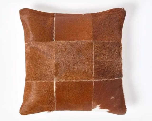 Homescapes Beige and Brown Checked Square Cushion with Recycled Leather, Goat Hair and Feather Filling, W/D/H: 45 x 45 x 45 cm