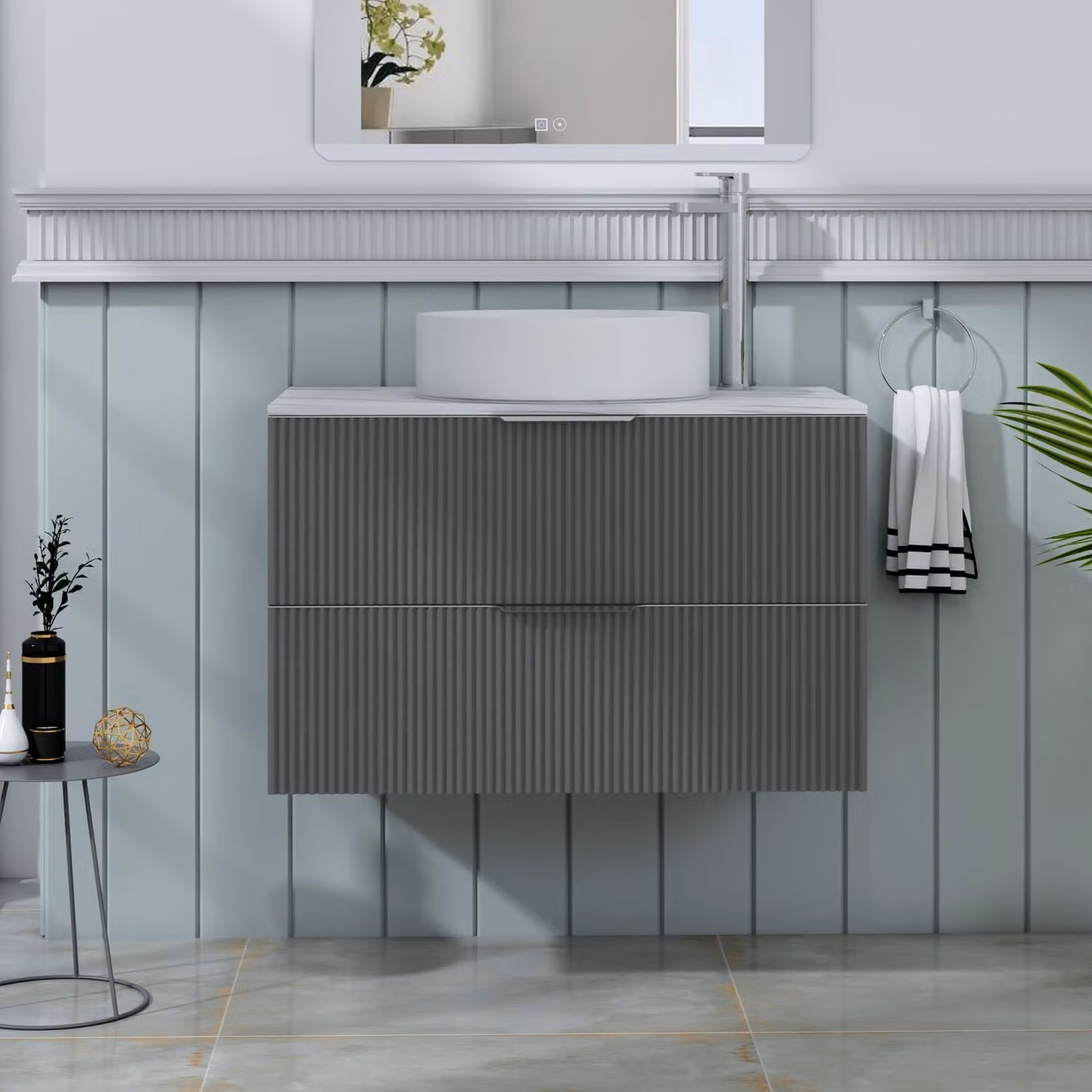 Royal Bathrooms Evora 800mm Wall Hung Vanity Unit in Graphite Grey with Carrara White Worktop