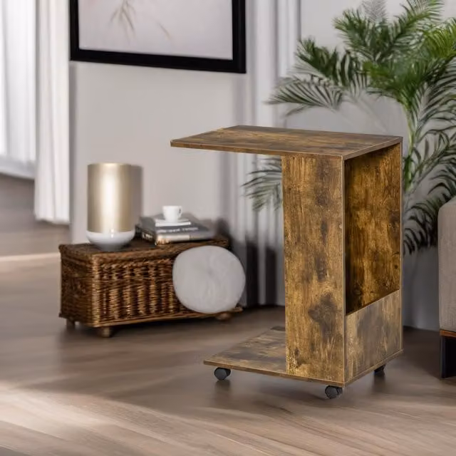 Pirlo Plush Industrial C Shaped Side Table with Storage and Castors, Brown, W/D/H: 60 x 40 x 70 cm – 1