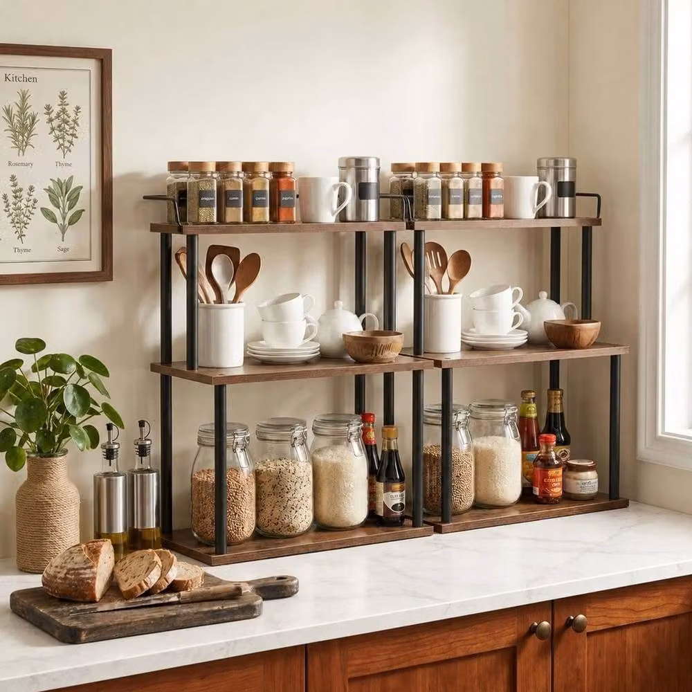 EONLION 3-Tier Freestanding Spice Rack, Rustic Brown Kitchen Countertop Shelf, W: 40 cm, D: 50 cm, H: 50.7 cm – 3