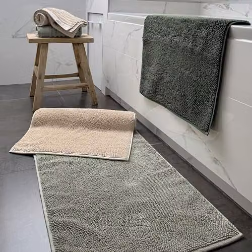 Misona Organic Cotton Luxury Reversible Bath Mat in Khaki, W: 50 cm, D: 80 cm