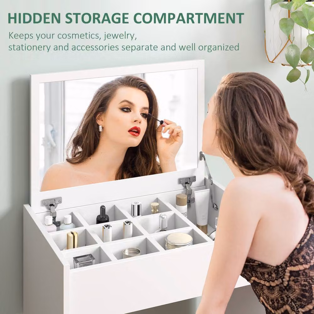 HOMCOM Dressing Table Set with Padded Stool and Flip-up Mirror in White – 3