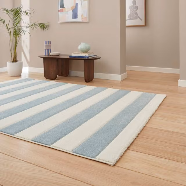 Catherine Lansfield Cove Blue Striped Modern Linear Rectangular Rug