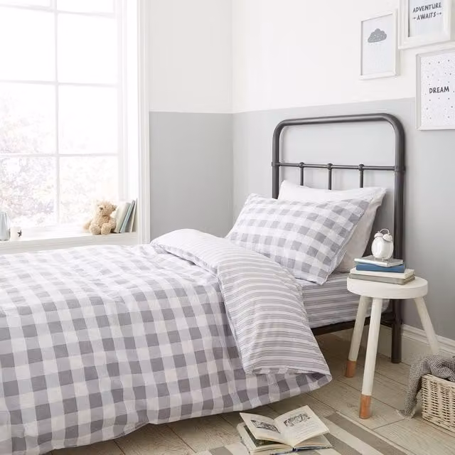 Bianca Reversible Grey Checked and Striped Cotton Duvet Cover Bedding Set