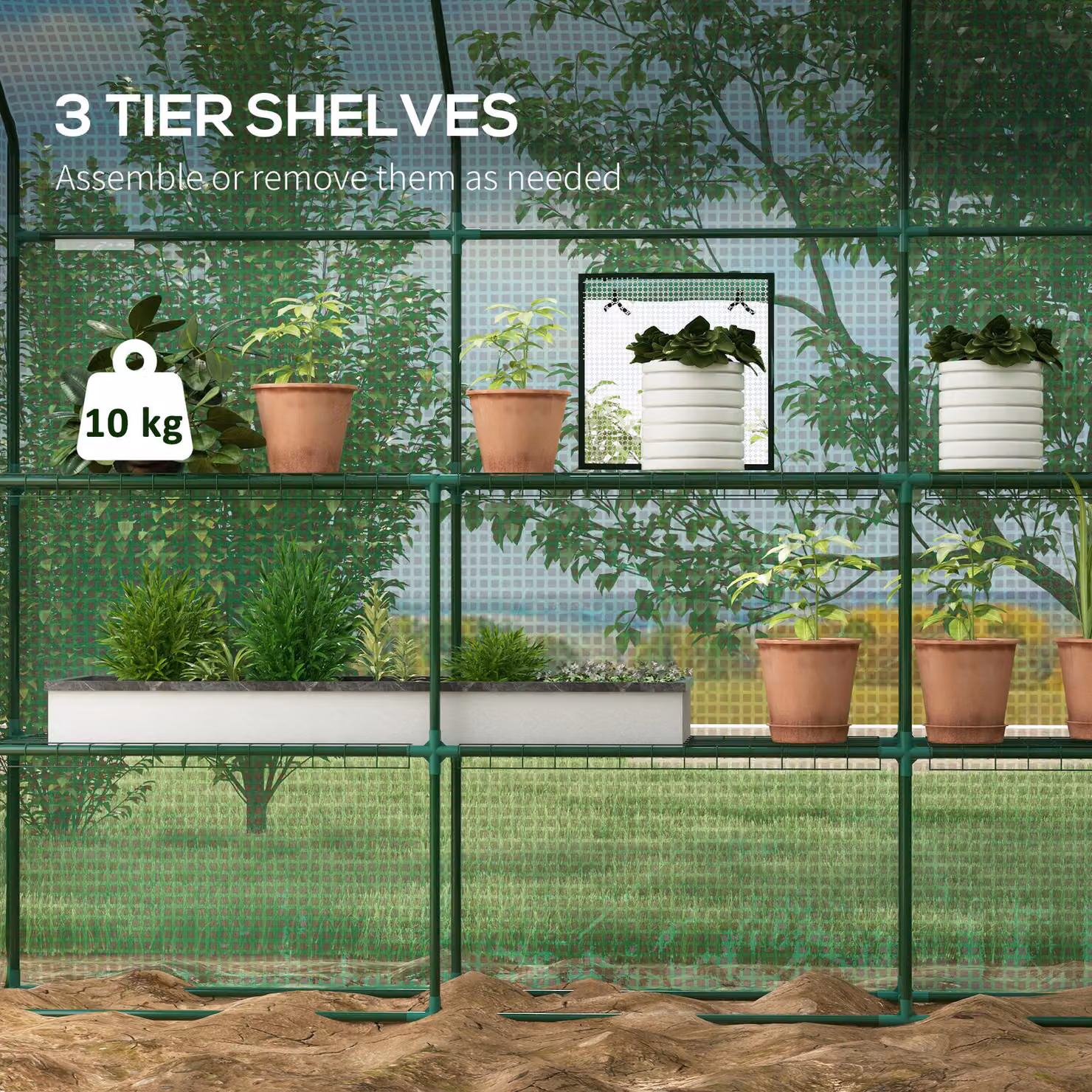 Outsunny Walk-In Greenhouse Oasis with 3 Tier Shelves, Roll-Up Door and Mesh Windows, Verdant Green, W: 140 cm, D: 213 cm, H: 190 cm – 3