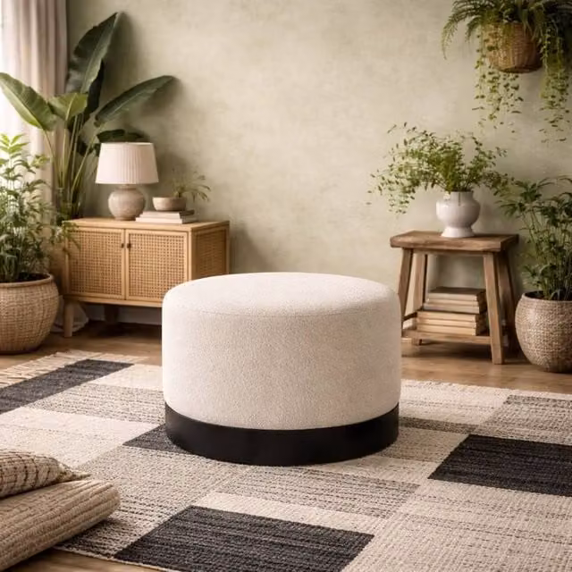 Wyld Haus Kalua Large Ivory Boucle Stool with Matt Black Base – 1