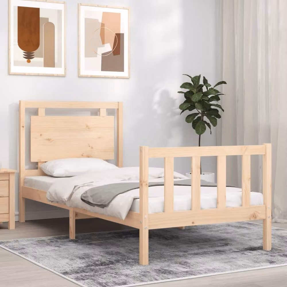 Berkfield Home Solid Wood Bed Frame with Headboard in Beige, W/D/H: 100 x 200 cm – 2