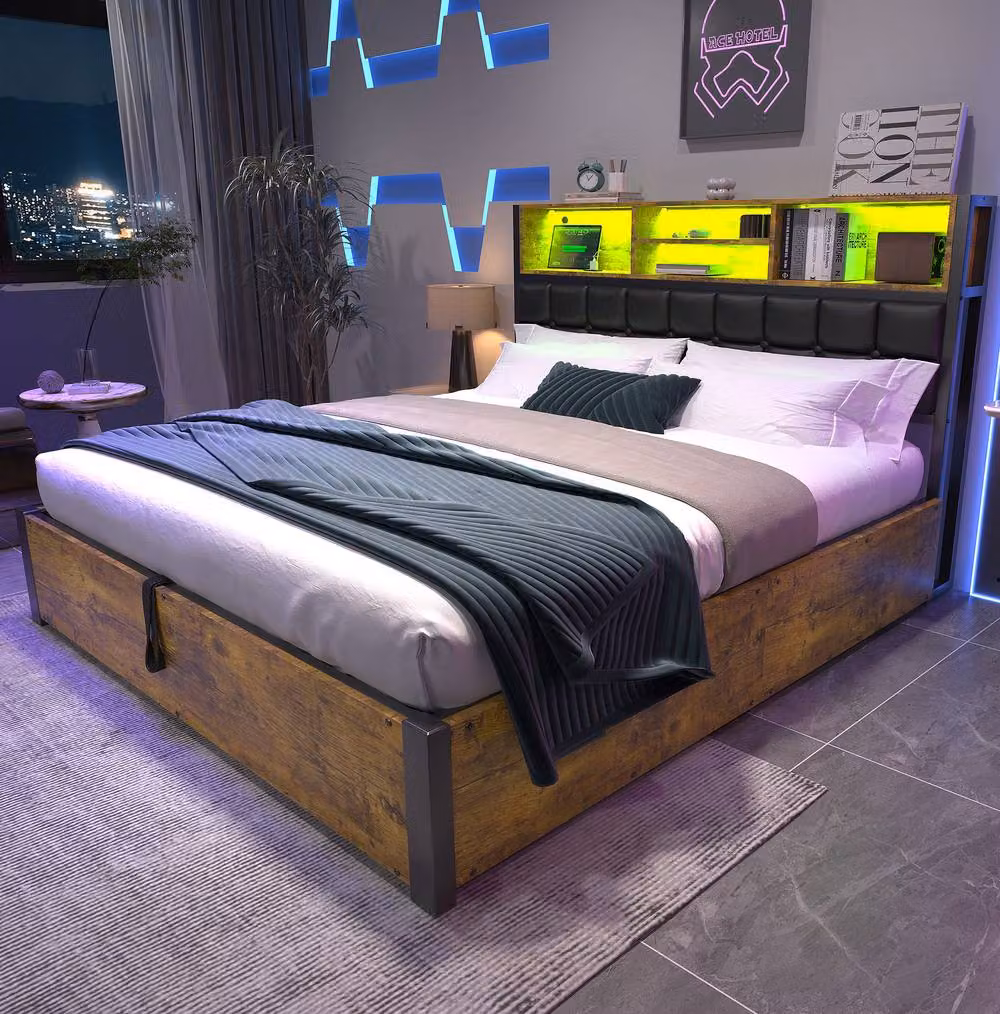 STILVORA Double Hydraulic Bed with USB Charging Port and LED Under-Bed Lighting in Brown, W/D/H: 140 x 200 x 135 cm – 3